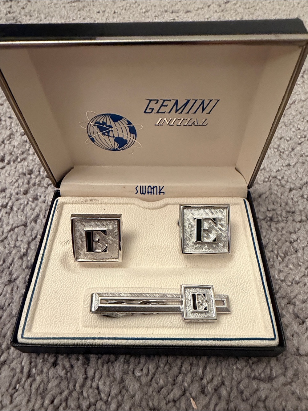 Vintage Swank Gemini Initial Silver 'E' Cufflinks and Tie Bar Set MCM